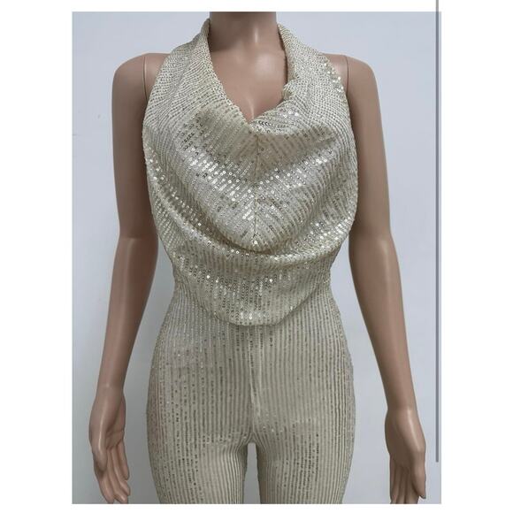 Curvy Plus XXL Gold Sexy Halter Cowl Neck Sparkly Jumpsuits Sleeveless Sequin - Picture 4 of 5